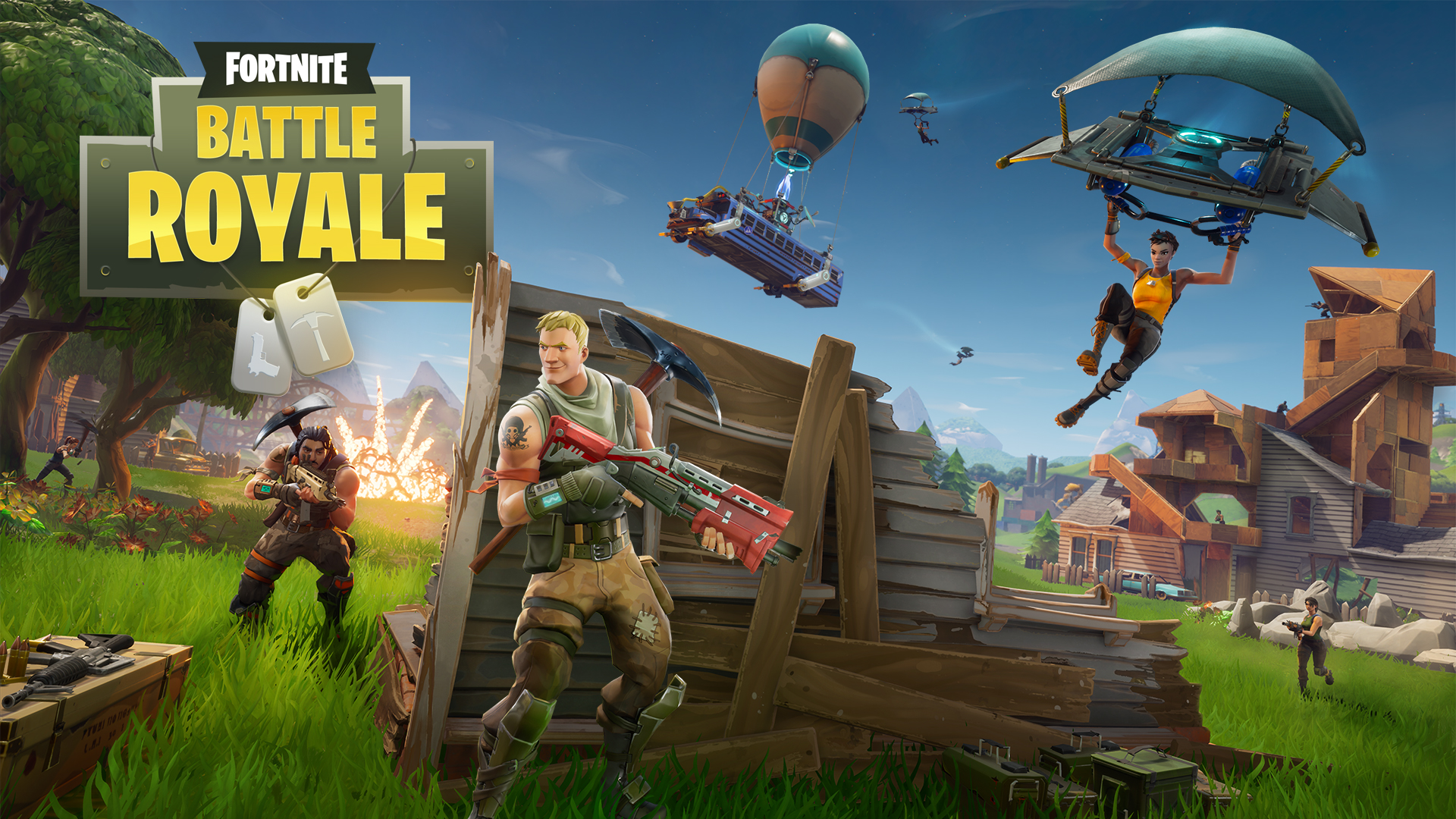 This is the cover picture of Fortnite battle royale. In the middle of the picture is a man hiding 
                    behind a wall in a grassy field as one player on the other side of the wall is trying to shoot him and 
                    another player is landing on him using a glider.