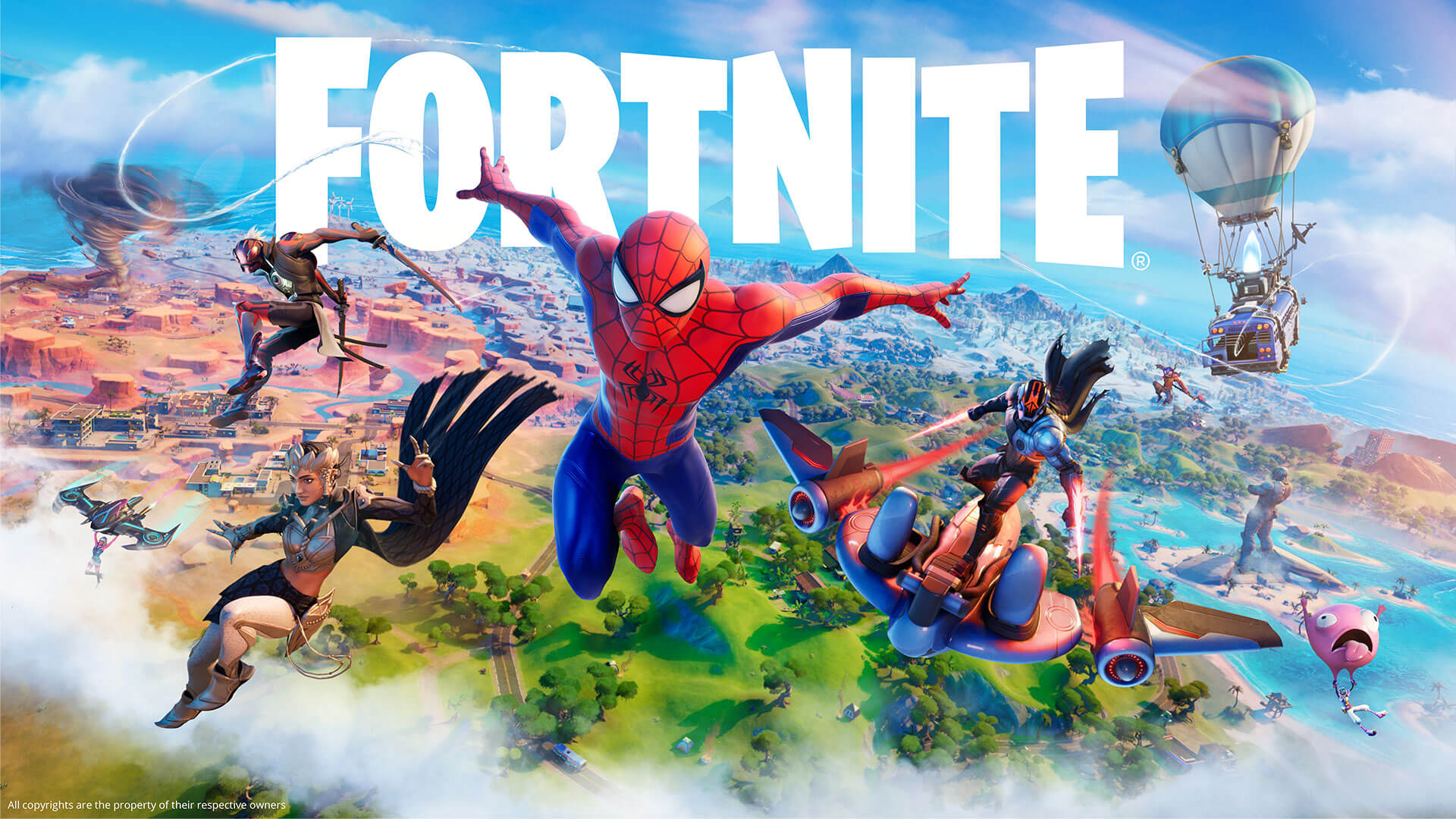 This is the in-game intro picture of Fortnite Battle Royale. In the middle of the picture is Spiderman 
                who along with a colorful cast of characters on both sides of him are either diving and gliding into the island 
                with its different biomes in the morning.